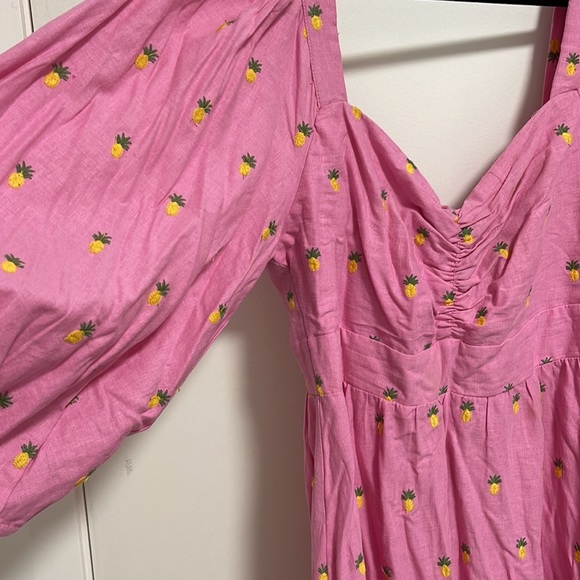 Farm Rio Pink Maxi Dress with Embroidered Pineapples. Puff Sleeves +Ruffle skirt - Picture 9 of 12